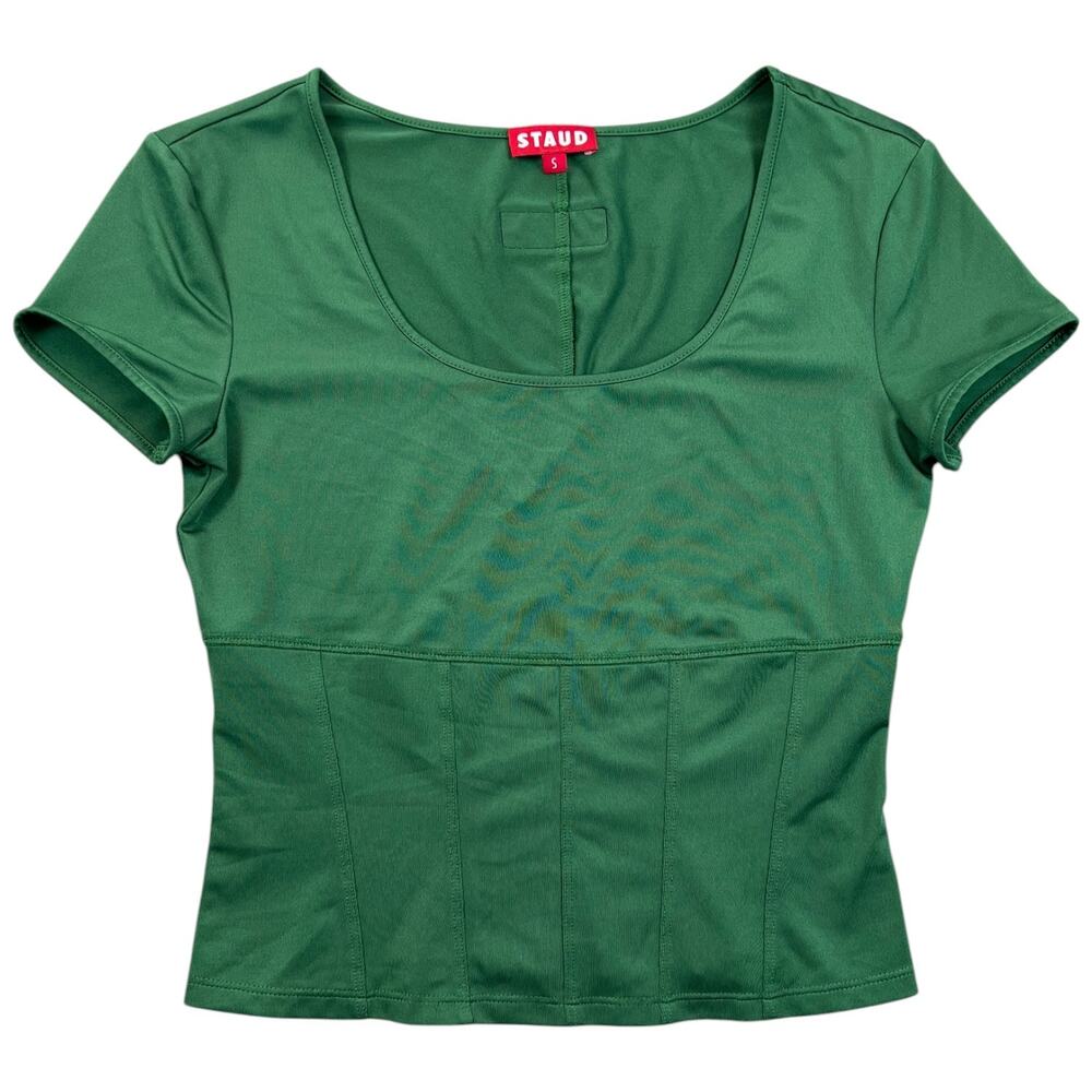 STAUD Sample Green Corset Seam Fitted Crop Top Short Sleeve S